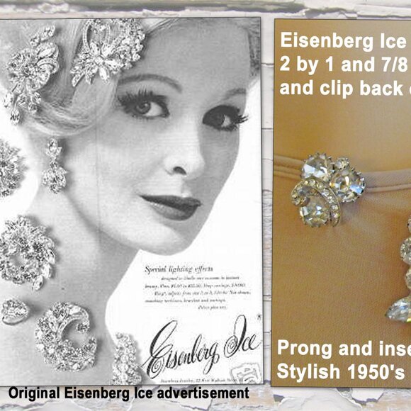 Eisenberg Ice clear rhinestone 2 x 1 and 7/8 brooch & clip back earrings, 1950's - Picture 5 of 14